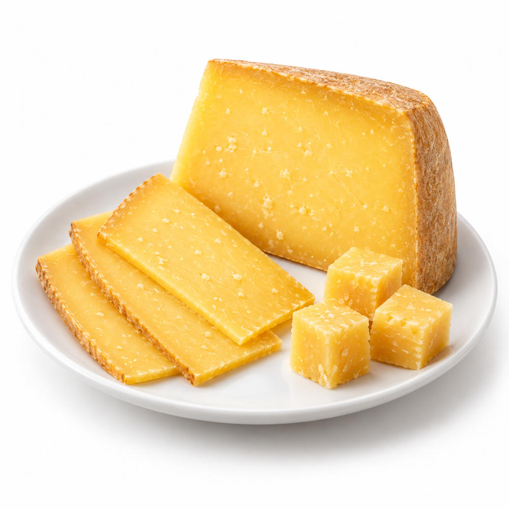 Old Amsterdam Aged Gouda cut cheese sample on a white plate