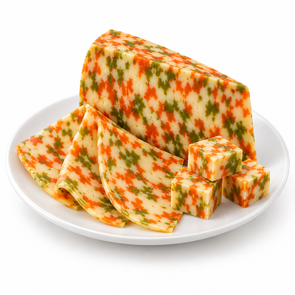 Tricolor Gouda cut cheese sample on a white plate