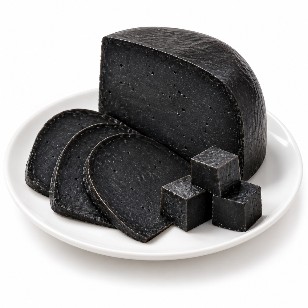 Black Lemon Gouda cut cheese sample on a white plate