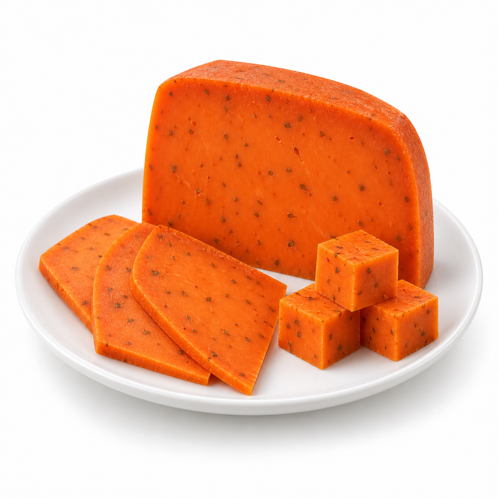 Red Pesto Gouda cut cheese sample on a white plate