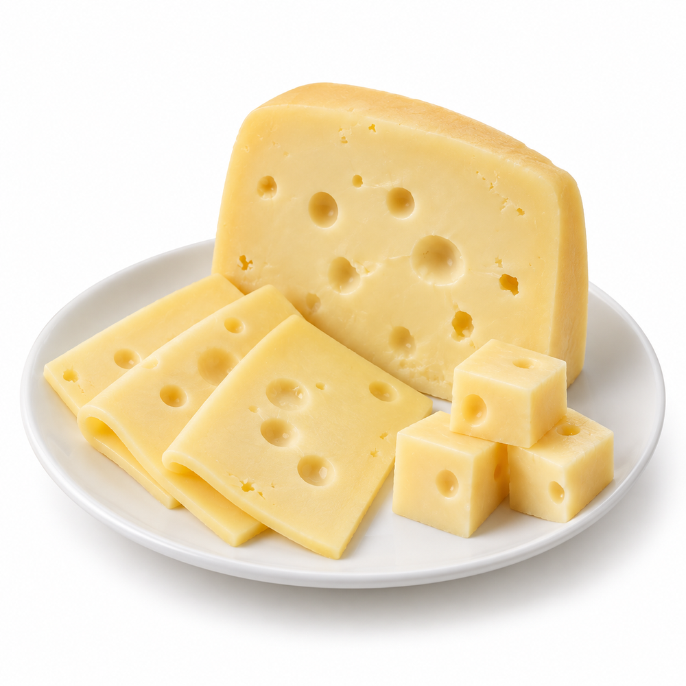 Dutch Maasdam cut cheese sample on a white plate