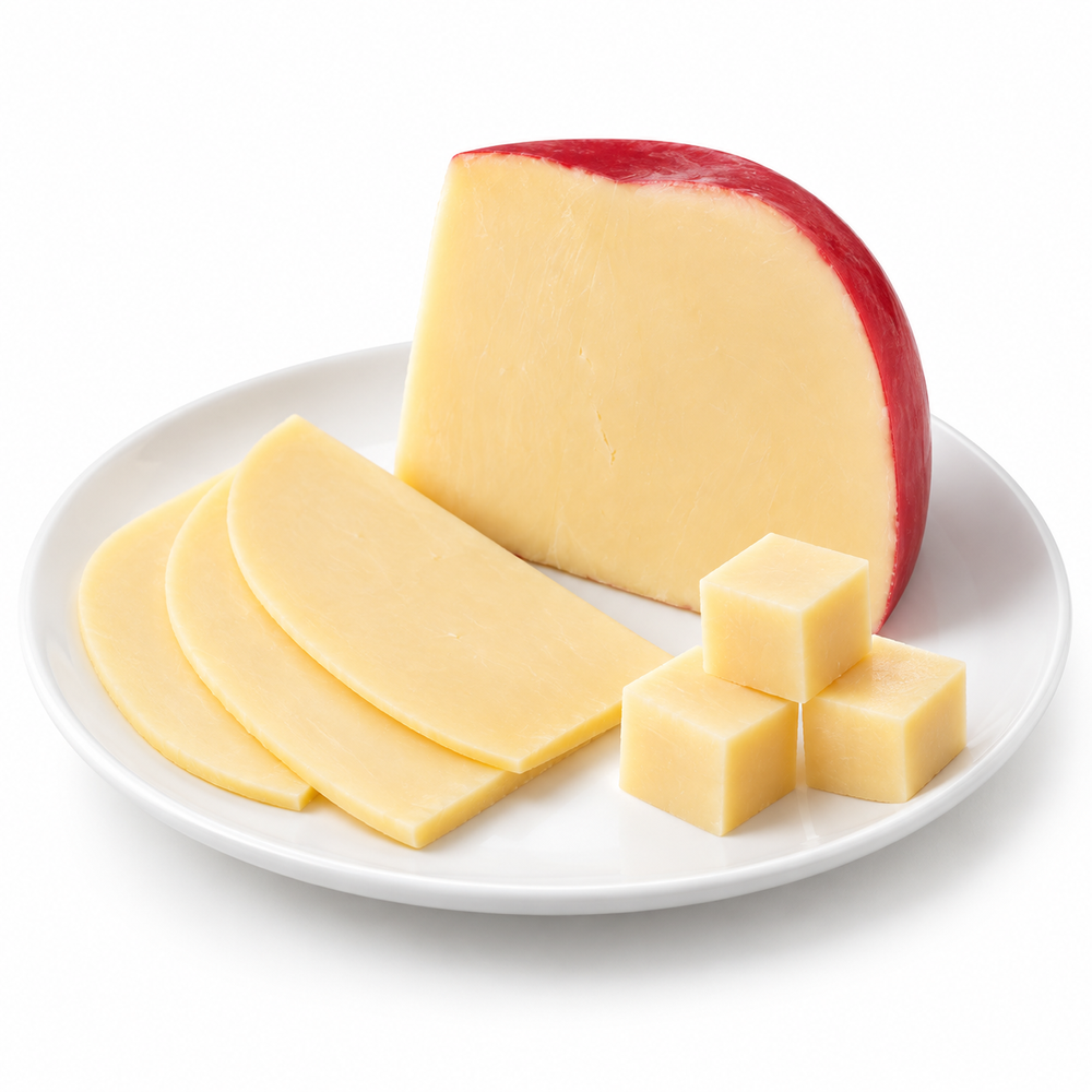 Dutch Edam cut cheese sample on a white plate