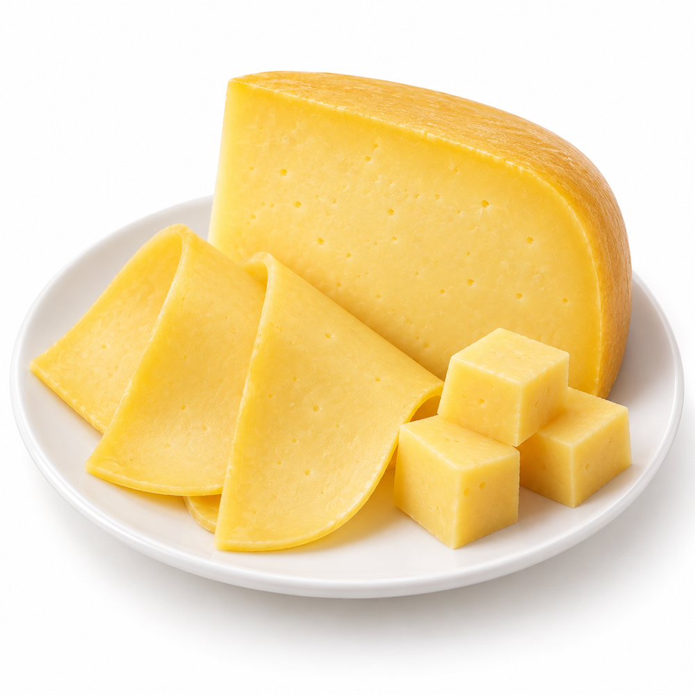 Traditional Dutch Gouda cut cheese sample on a white plate