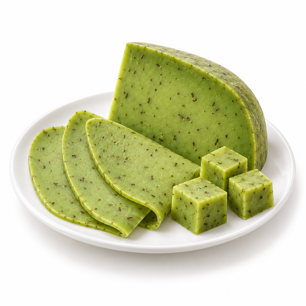 Green Pesto Gouda cut cheese sample on a white plate