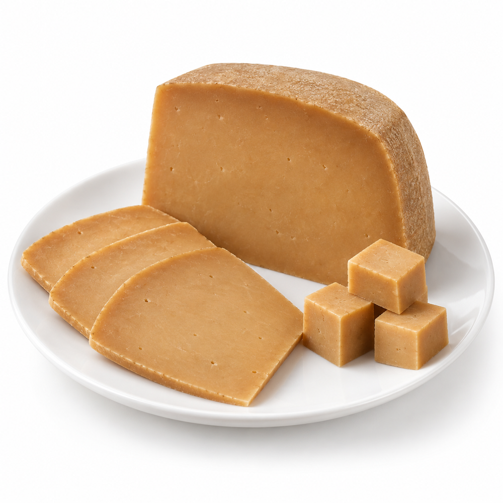 Dutch Coffee Gouda cut cheese sample on a white plate