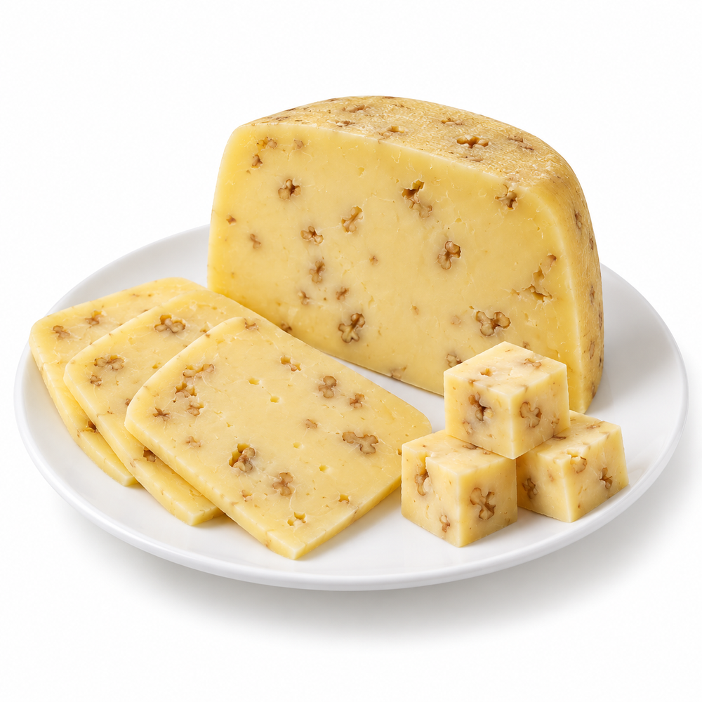 Walnut Gouda cut cheese sample on a white plate