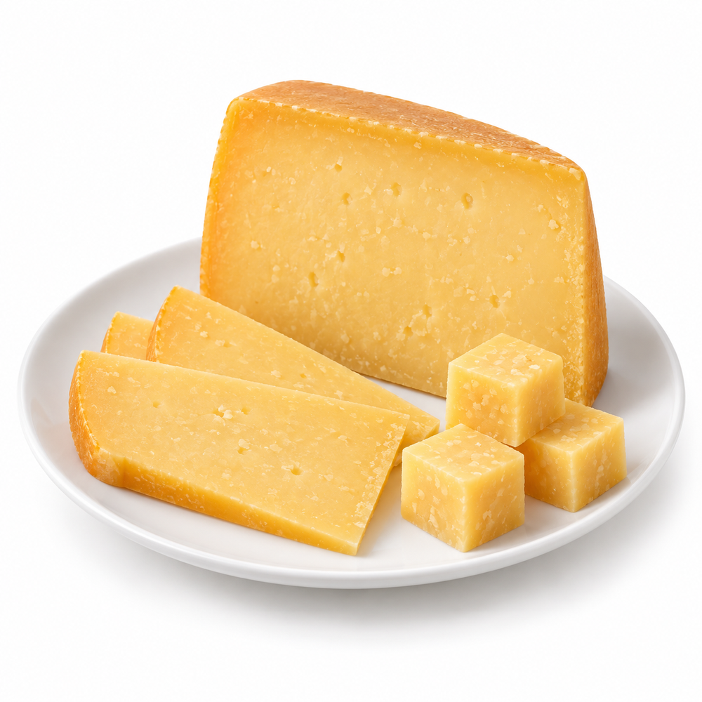 Aged Gouda cut cheese sample on a white plate