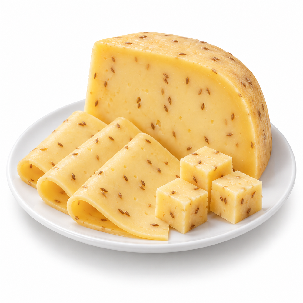 Cumin Dutch Gouda cut cheese sample on a white plate