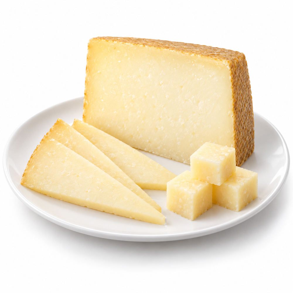Spanish Manchego Cheese cut cheese sample on a white plate
