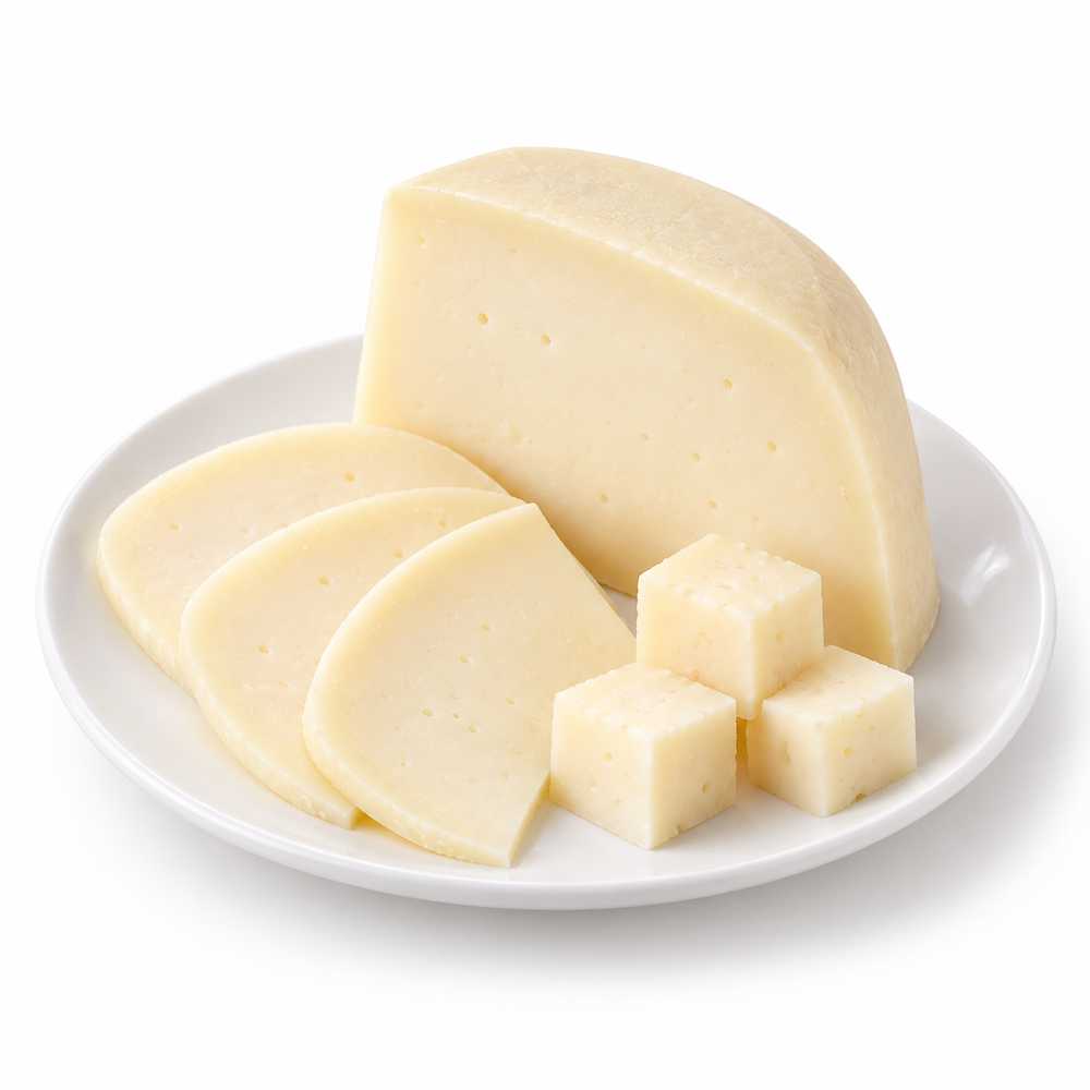Goat's Milk Gouda cut cheese sample on a white plate