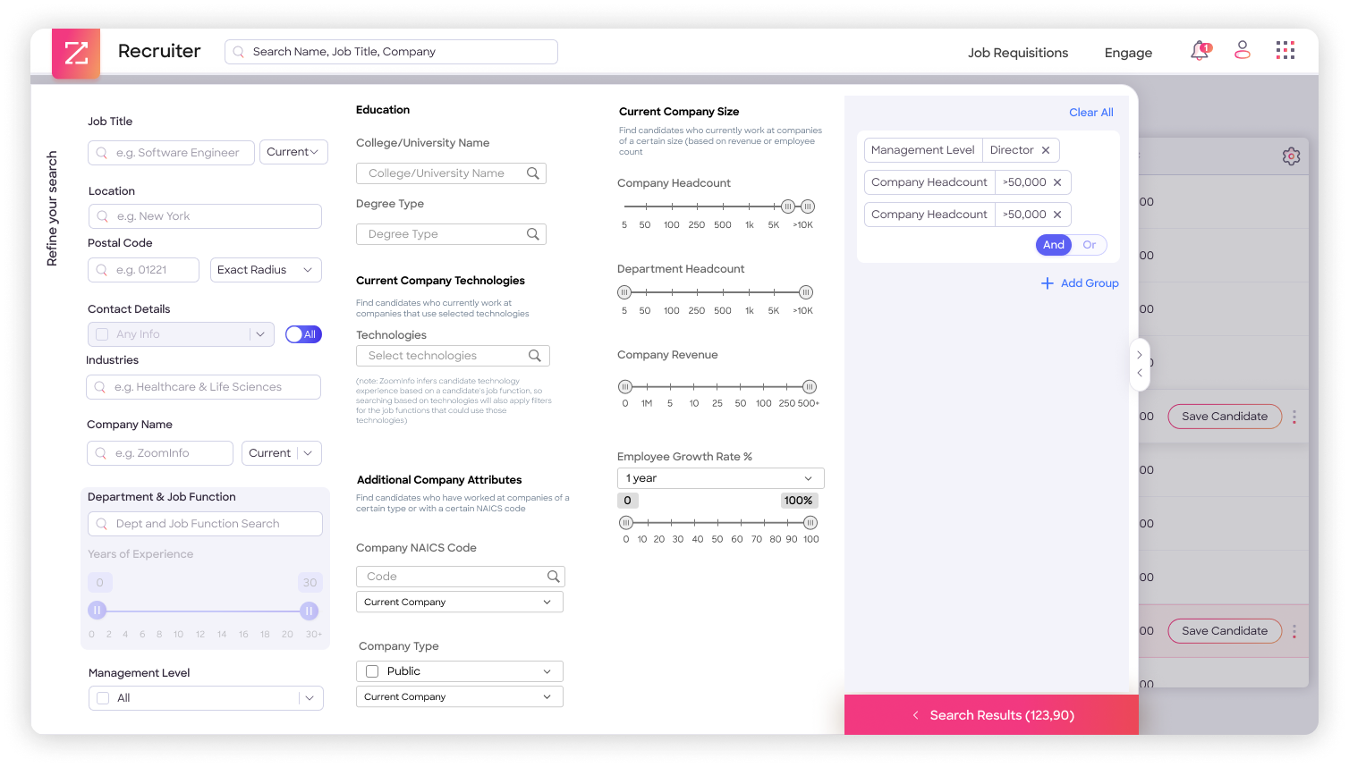 Advanced search with applied filters showing management level and headcount criteria