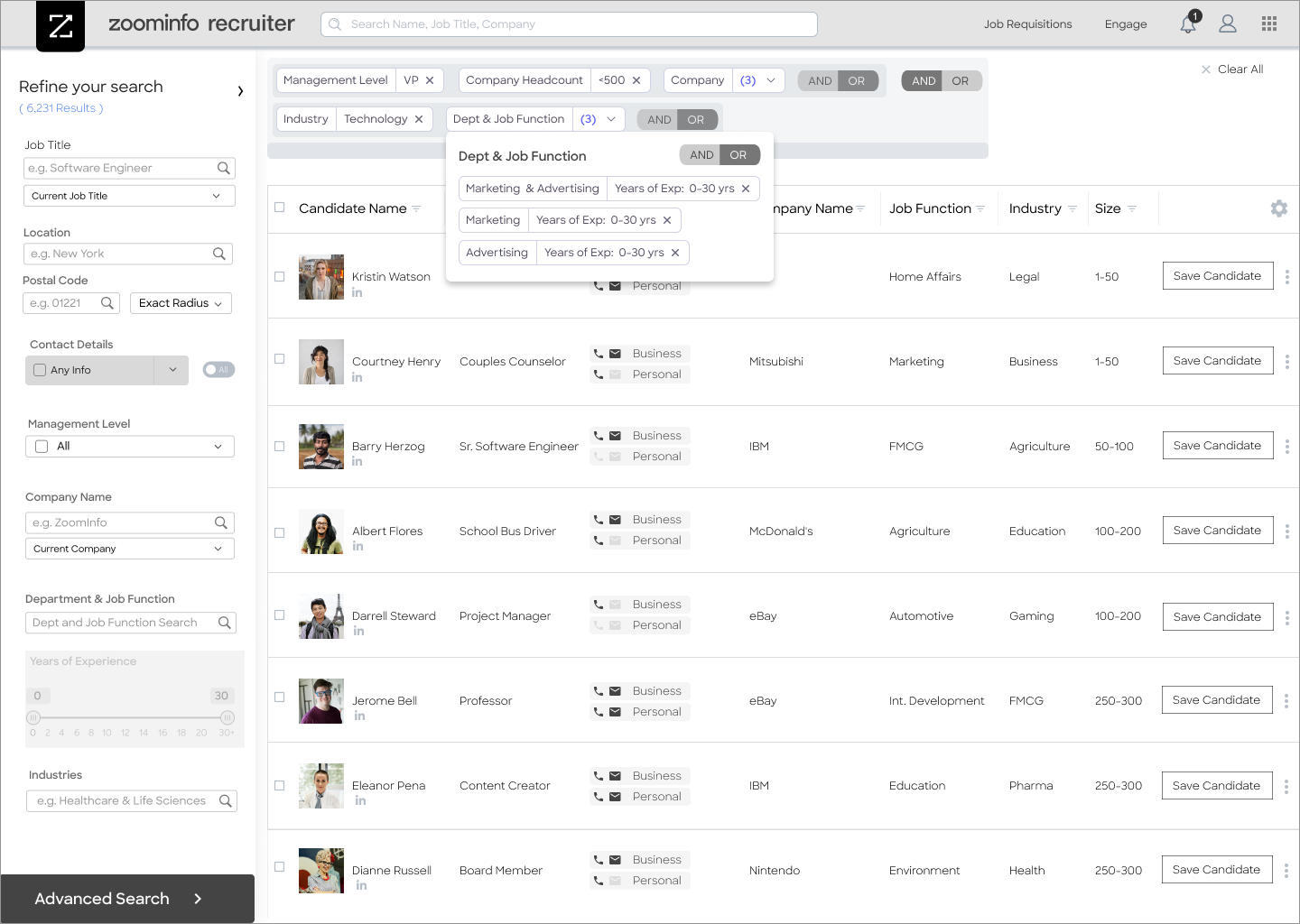 Search results view with expanded filter chips showing candidate matches