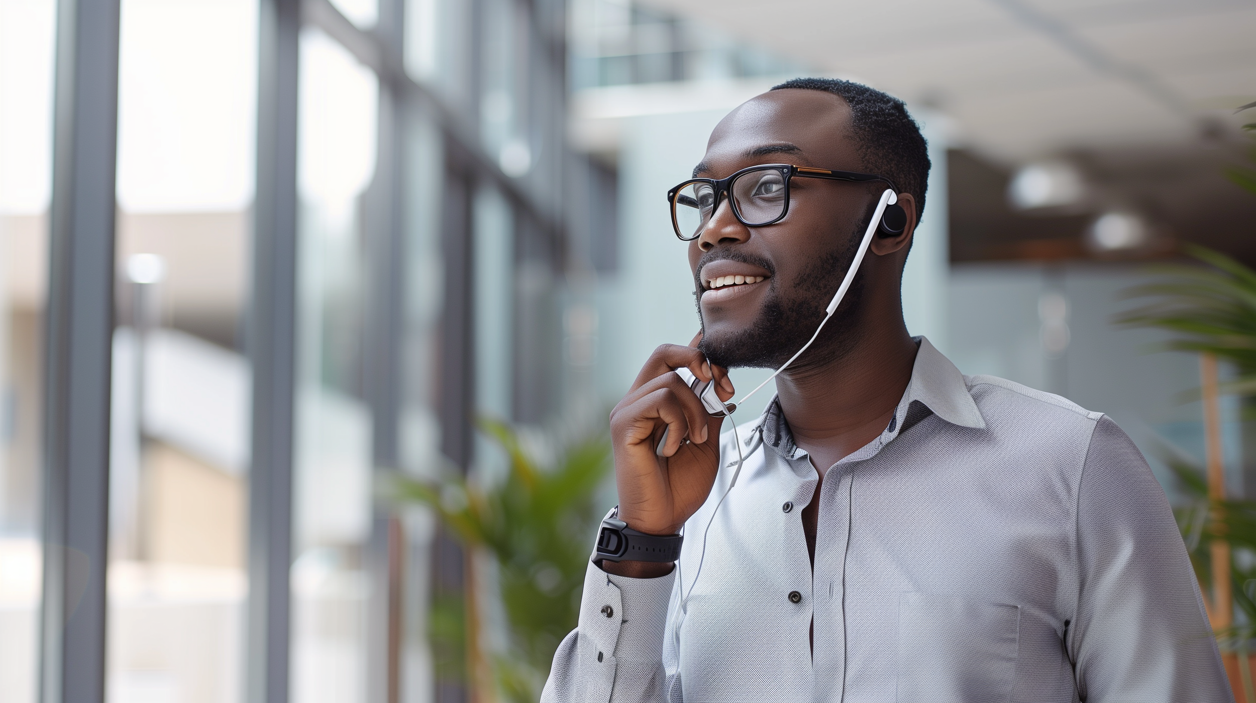Sales professional on a call in a modern office