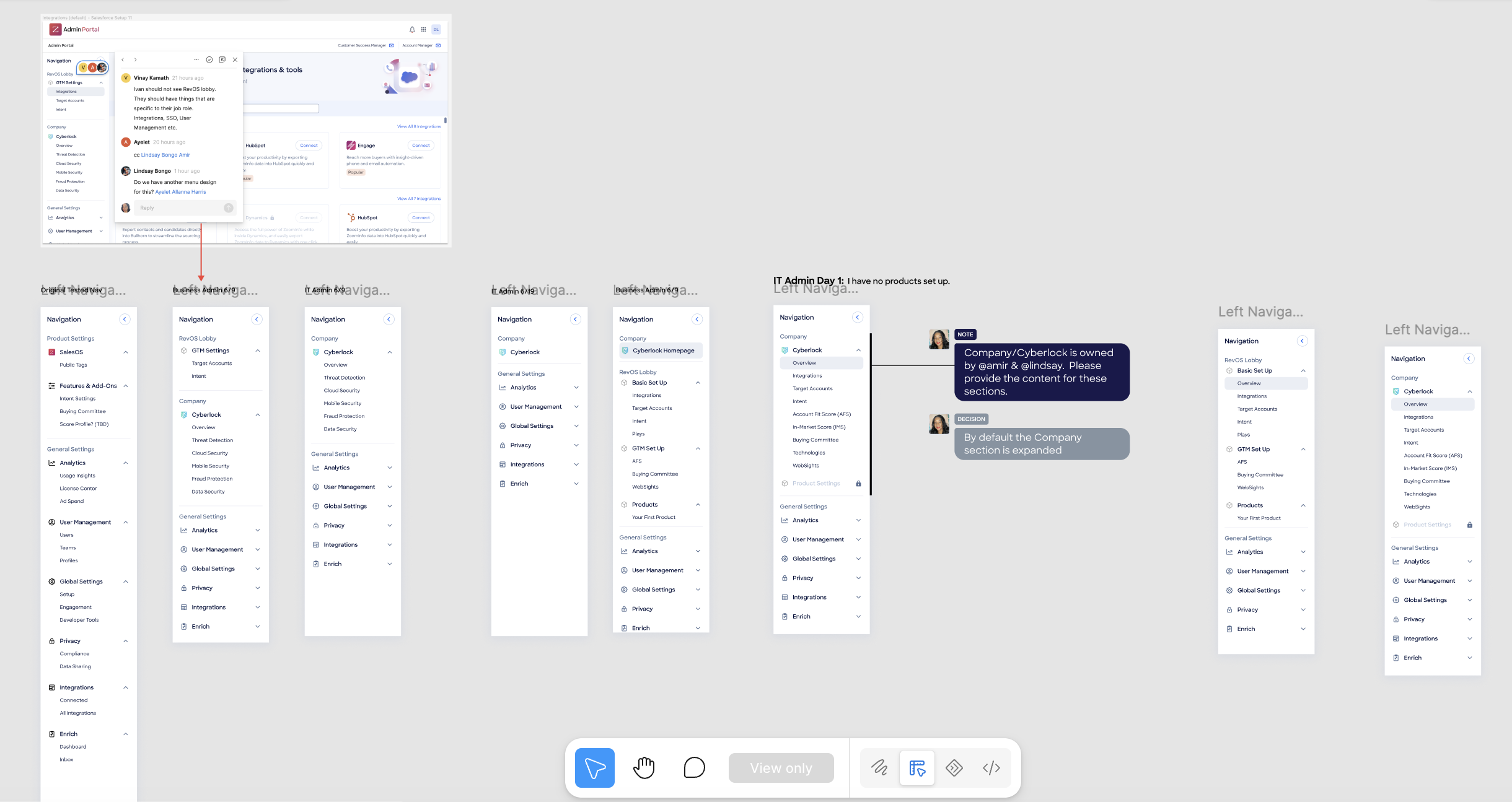 Navigation concept explorations across user types showing inconsistent structures