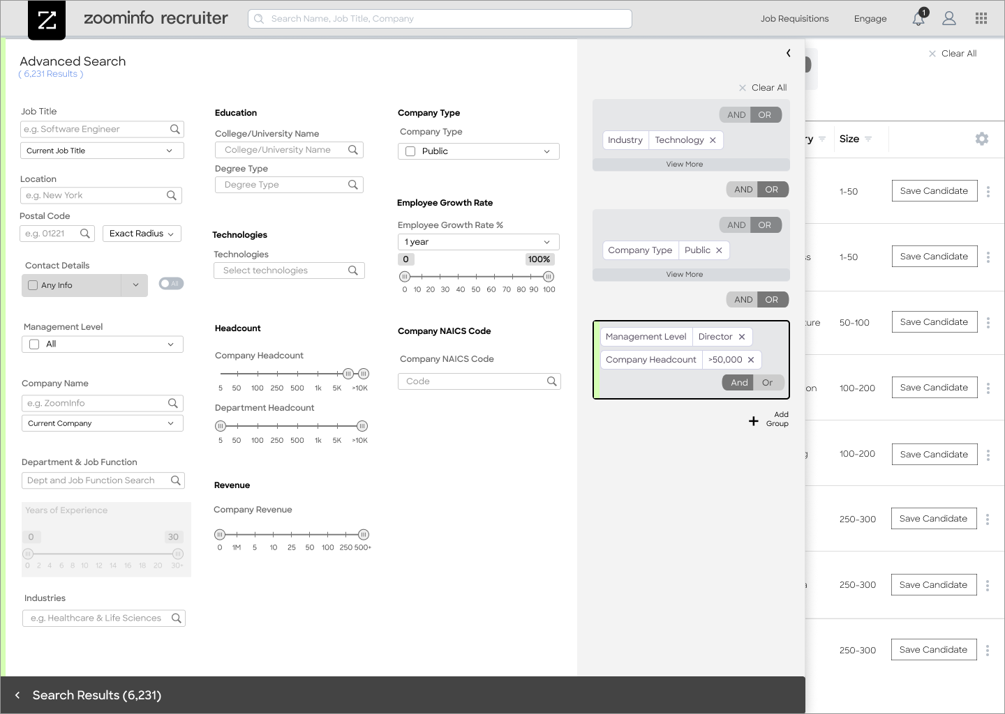 ZoomInfo Recruiter Platform advanced search interface