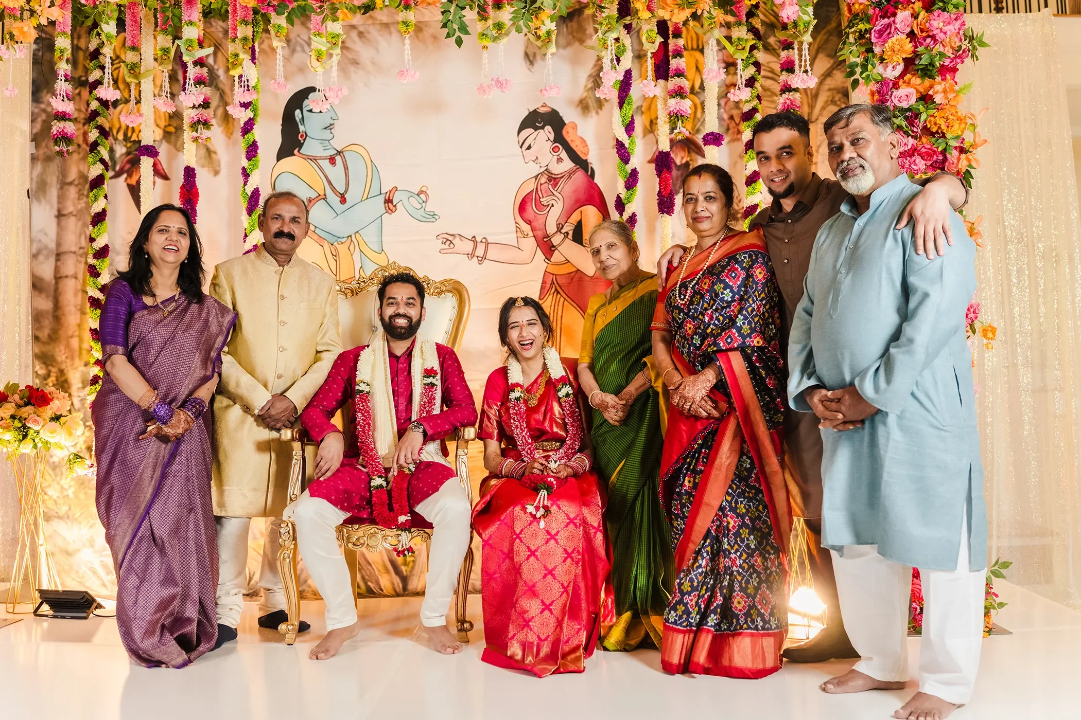 Wedding ceremony décor featuring florals, mandap details, and guest seating