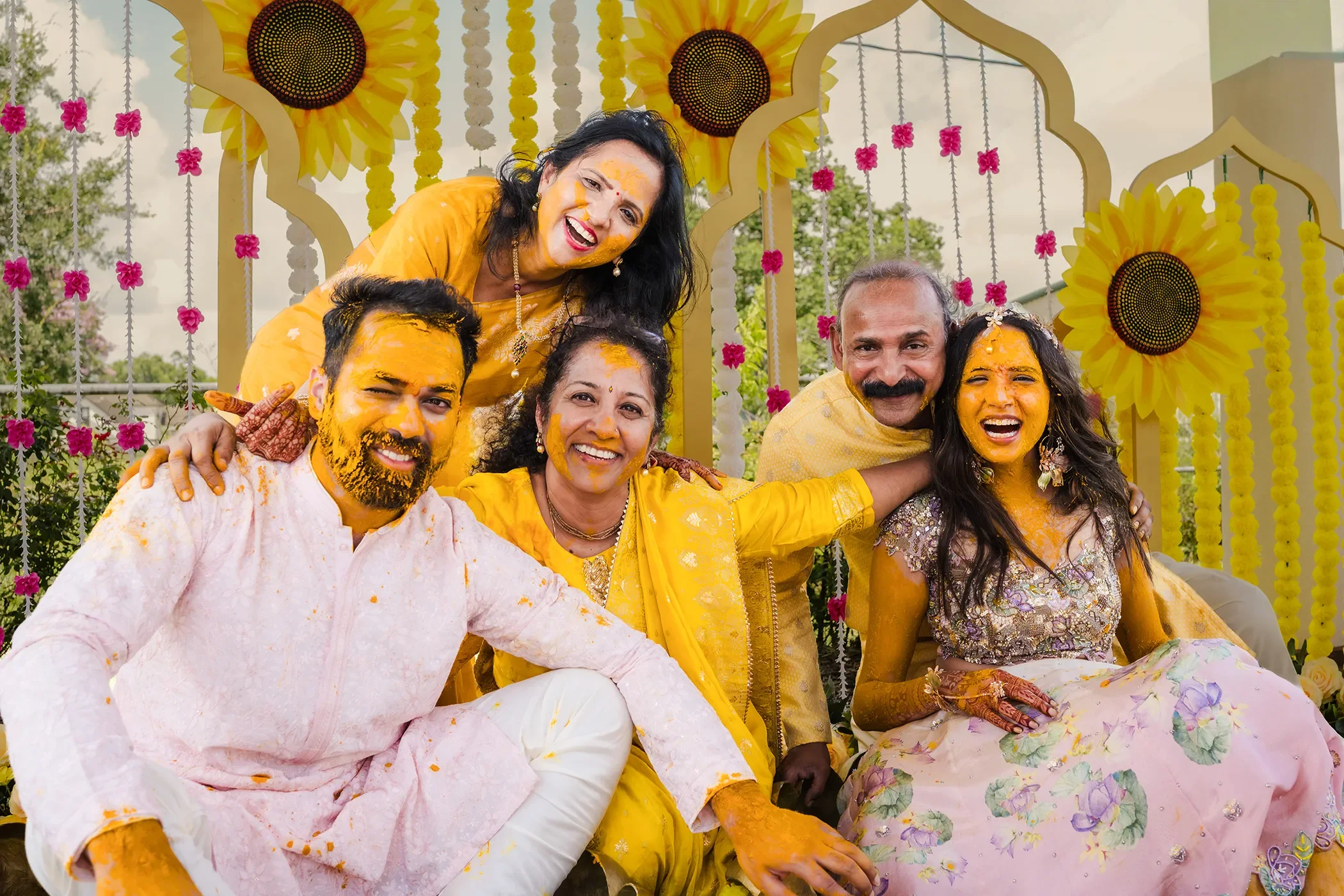 Prajwal and Shriya surrounded by family during their South Indian wedding celebration