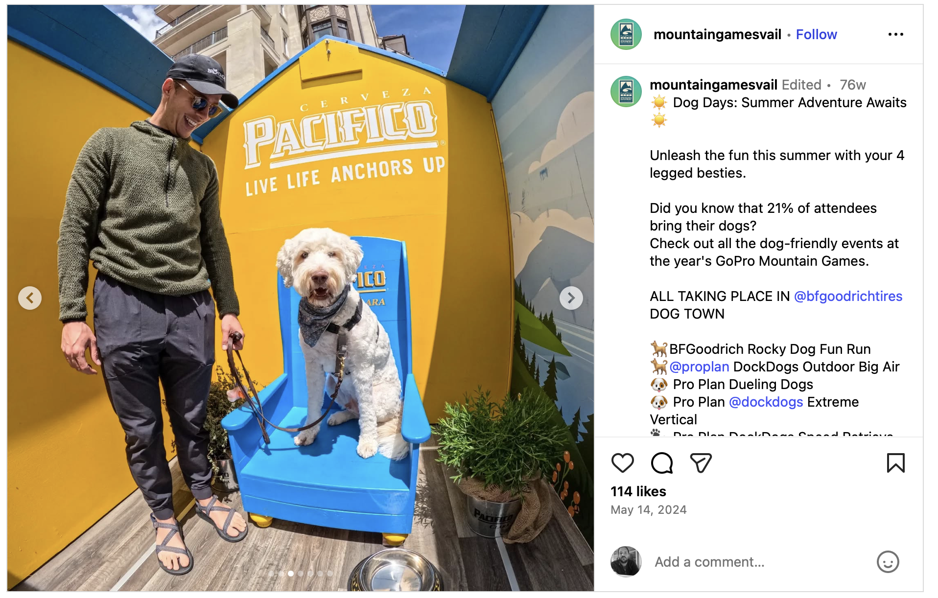 A festival-goer and his dog at the Pacifico Dog Town build