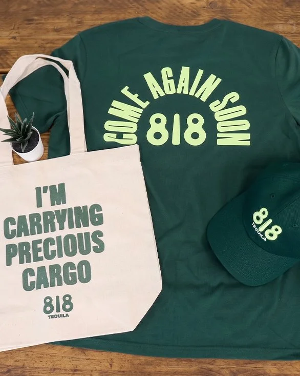Custom-branded 818 Tequila apparel, tote, and cap