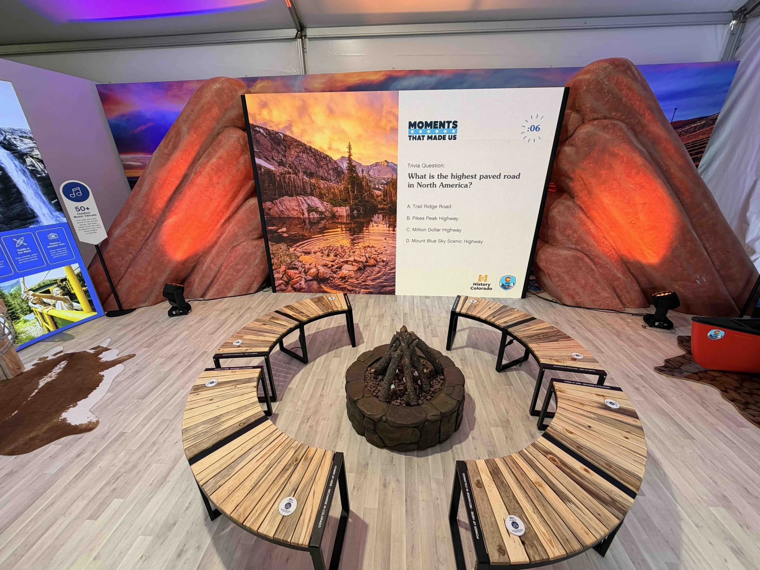 Central seating area with fire pit and trivia display