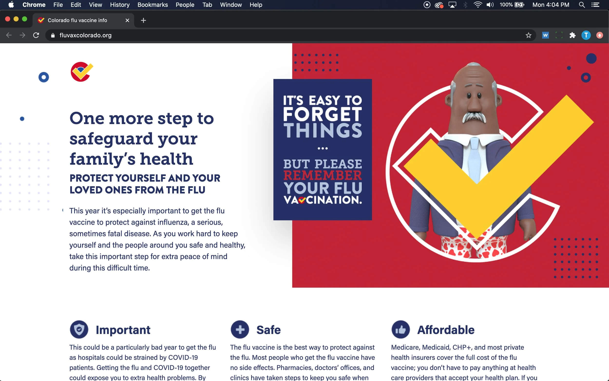 Flu vaccine landing page screenshot in English