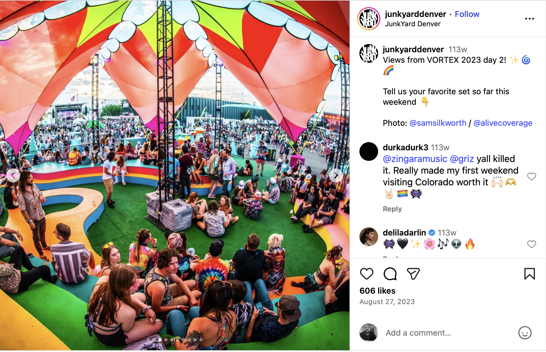 Instagram post of festival-goers gathered at The Living Room during Vortex 2023