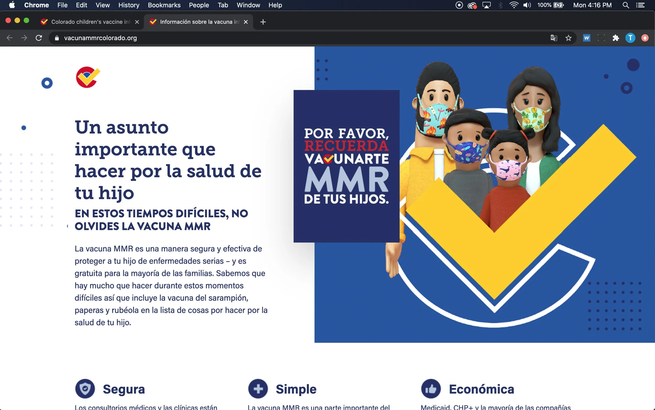 MMR vaccine landing page screenshot in Spanish