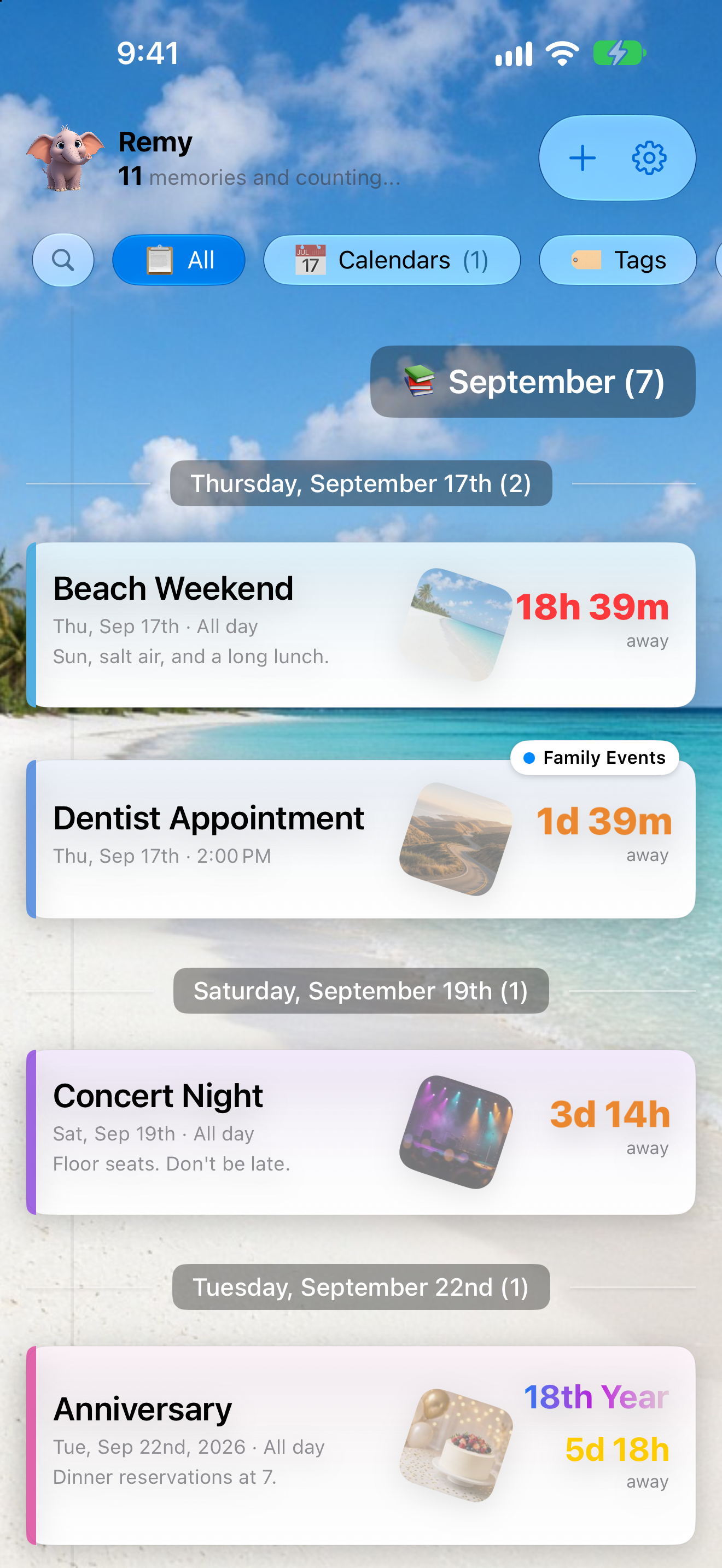 Remy app screen showing a list of upcoming memories with live countdown timers