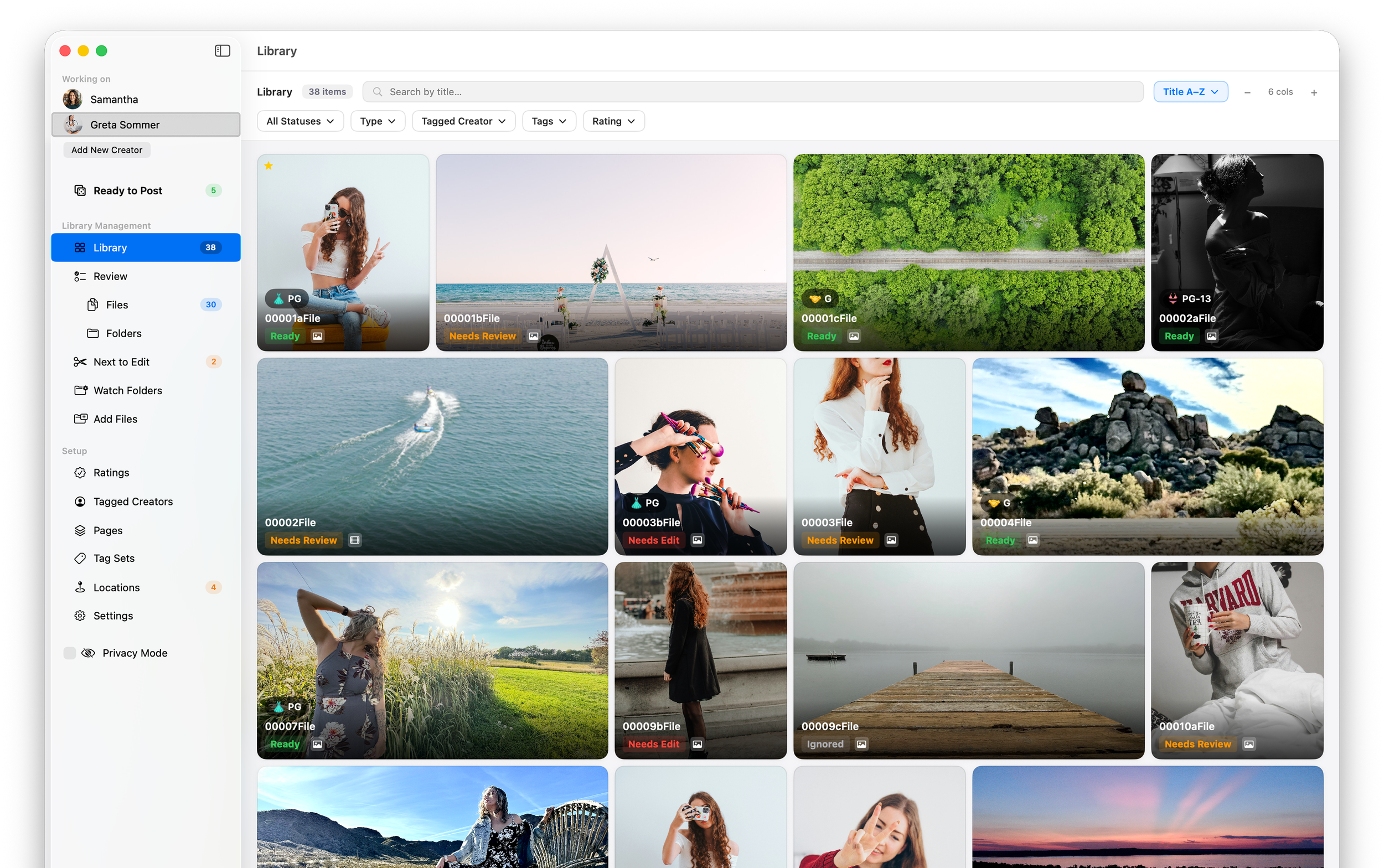 CreatorQ macOS content library showing tagged, rated, and status-sorted media files