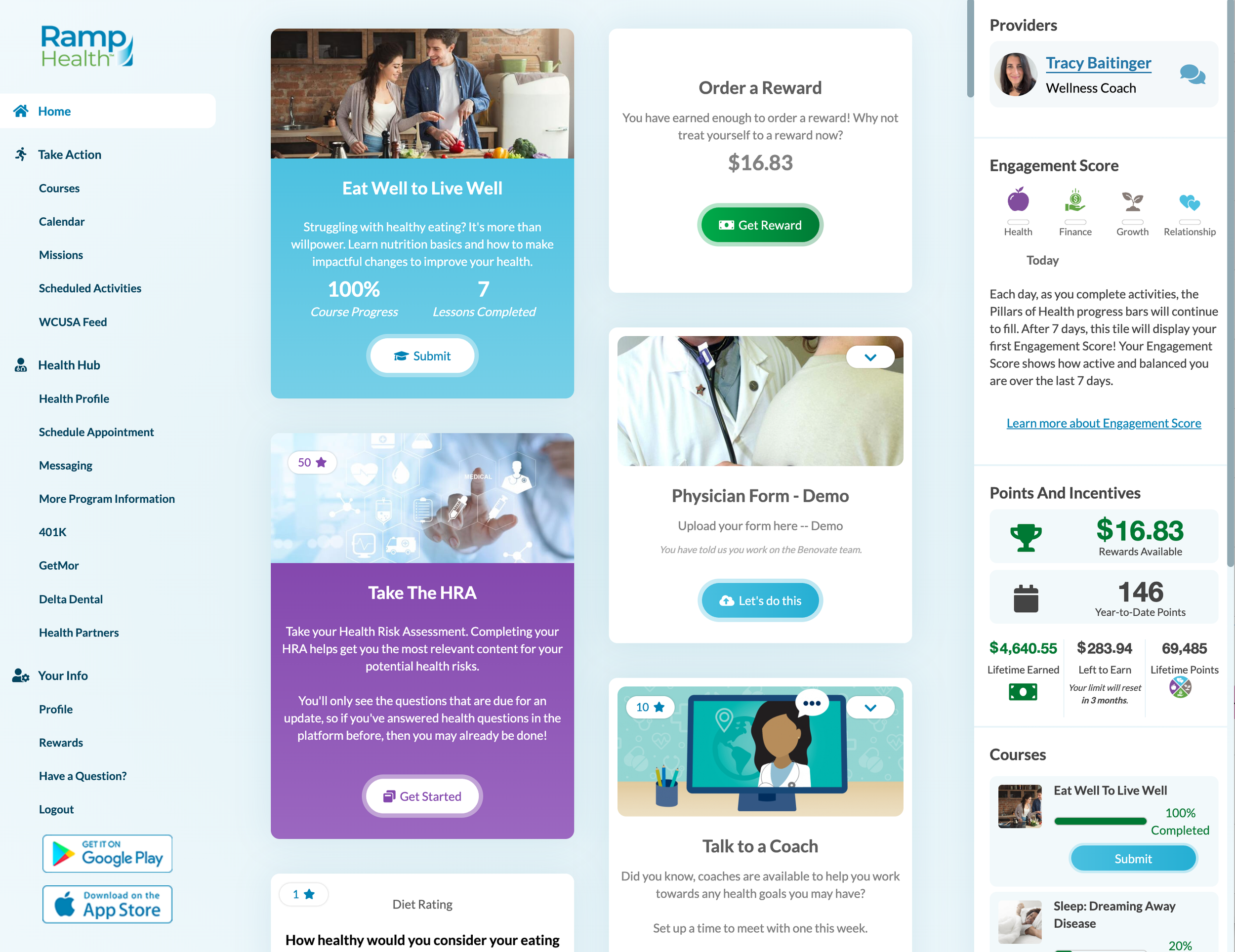 Ramp Health member home feed showing the full platform: navigation, the personalized personalization-engine-ranked card feed, and the right rail with Engagement Score, Points and Incentives, and Courses