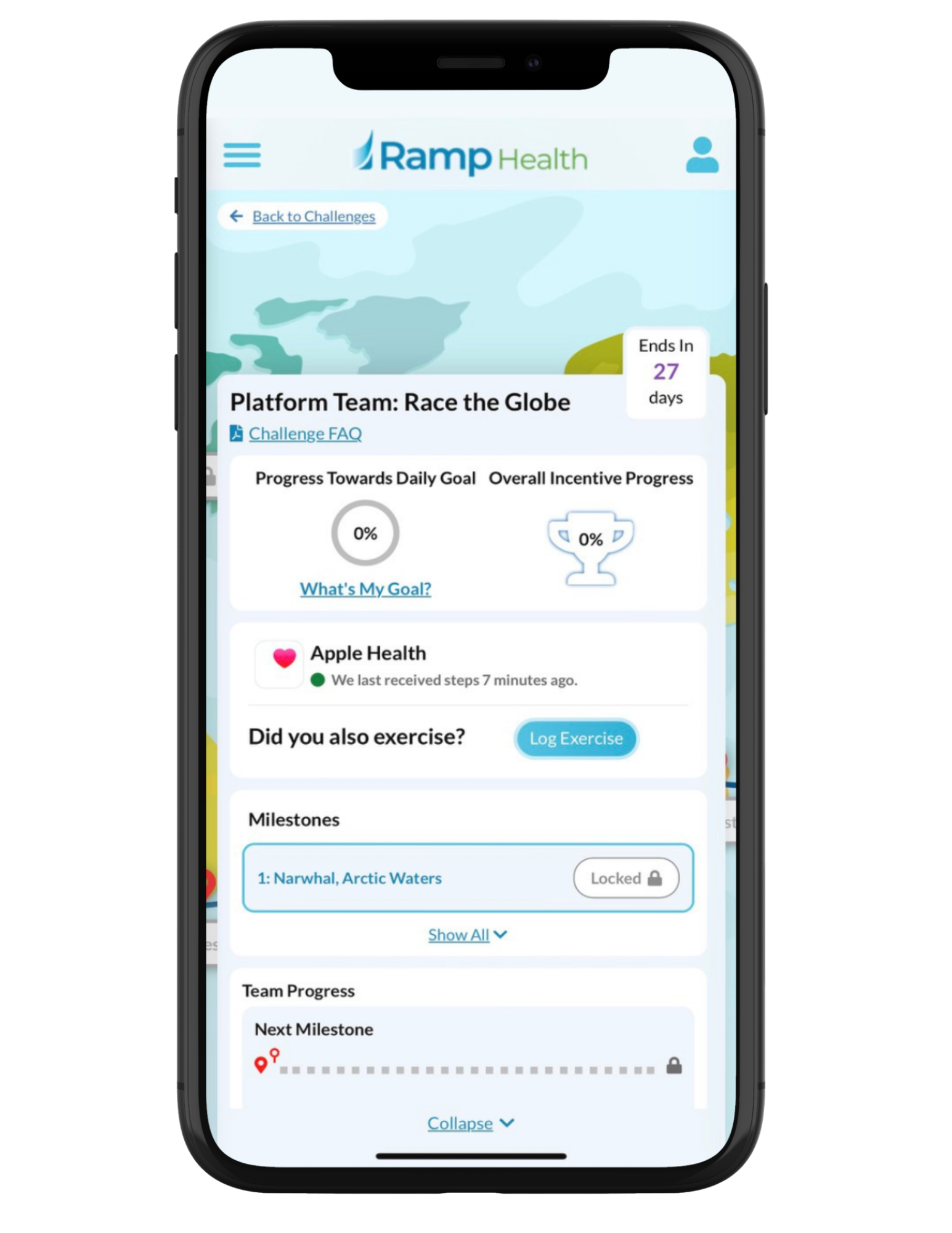 Ramp Health Challenges detail on mobile: Apple Health step sync, log exercise, milestones, and team progress (demo data)