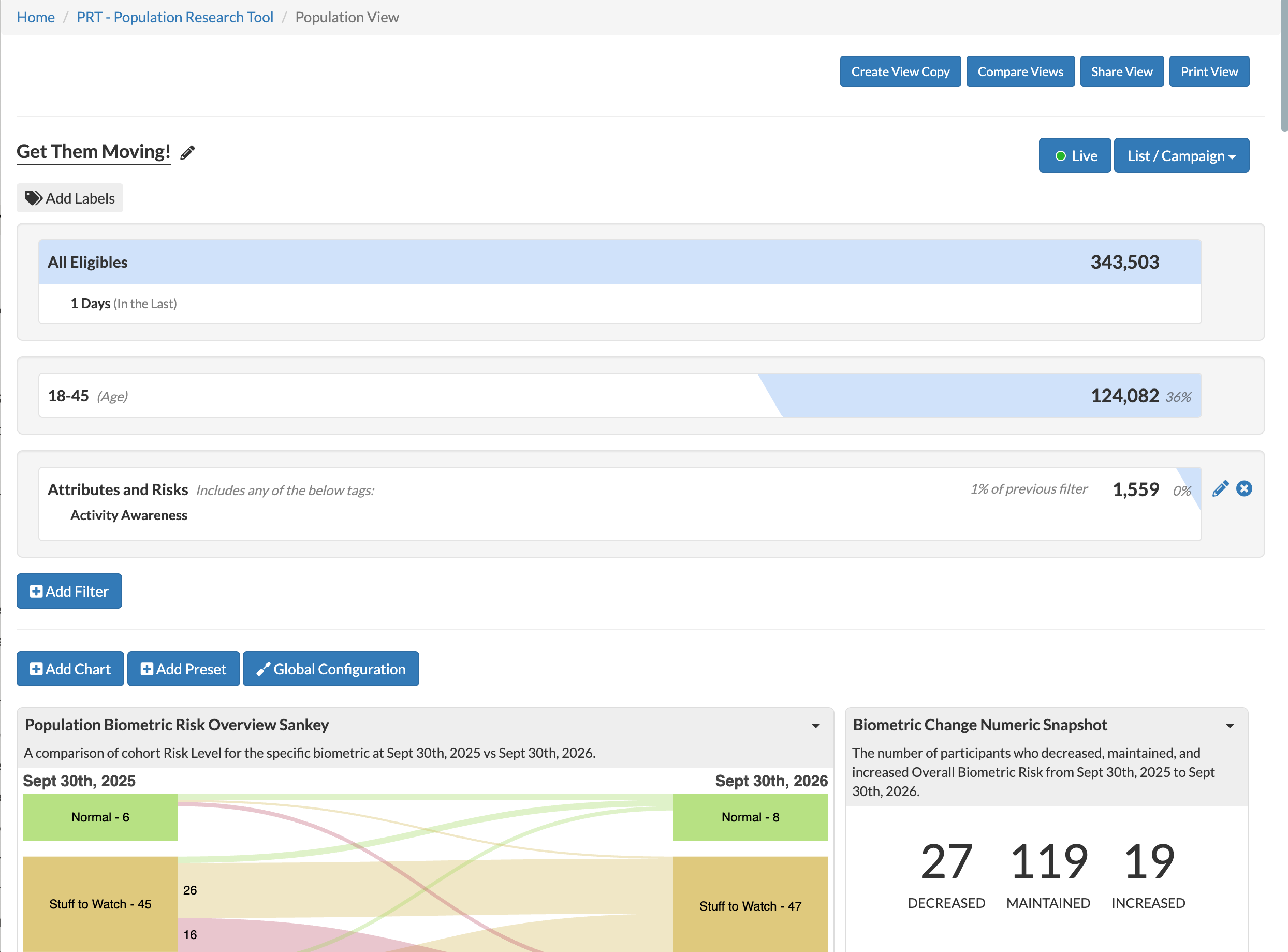 Ramp Health Population Research Tool showing population filters, a biometric risk Sankey chart comparing two dates, and a numeric snapshot of participants whose risk decreased, maintained, or increased (demo data)