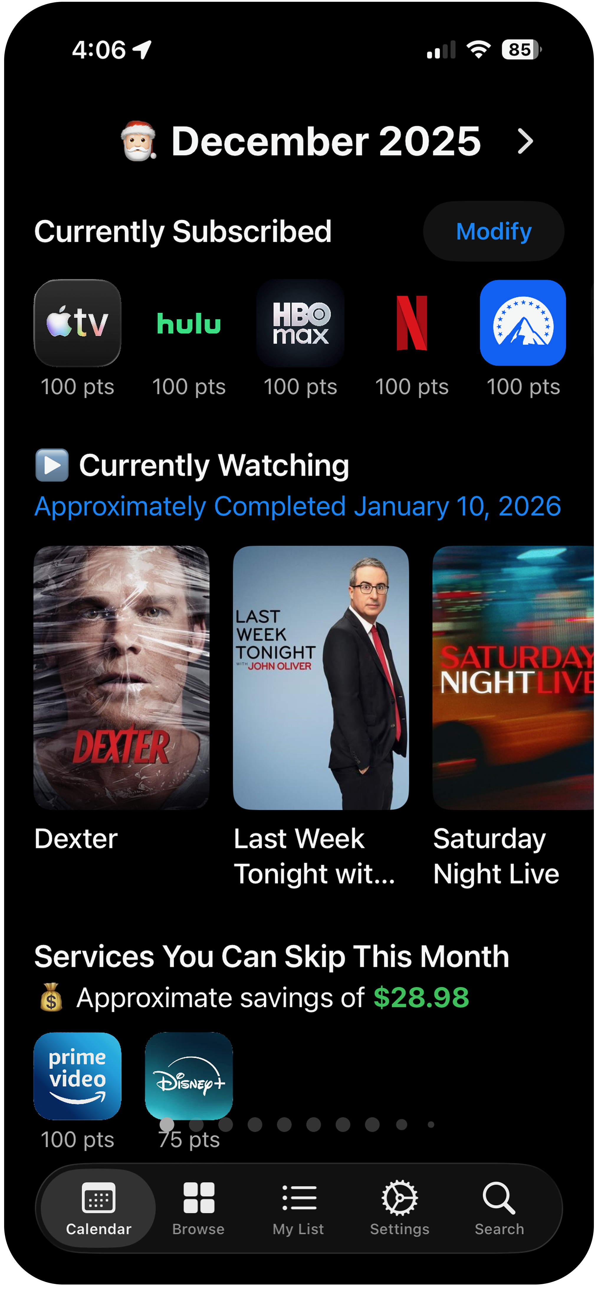 Switchlist app screen showing subscribed streaming services, points, and monthly savings from services to skip