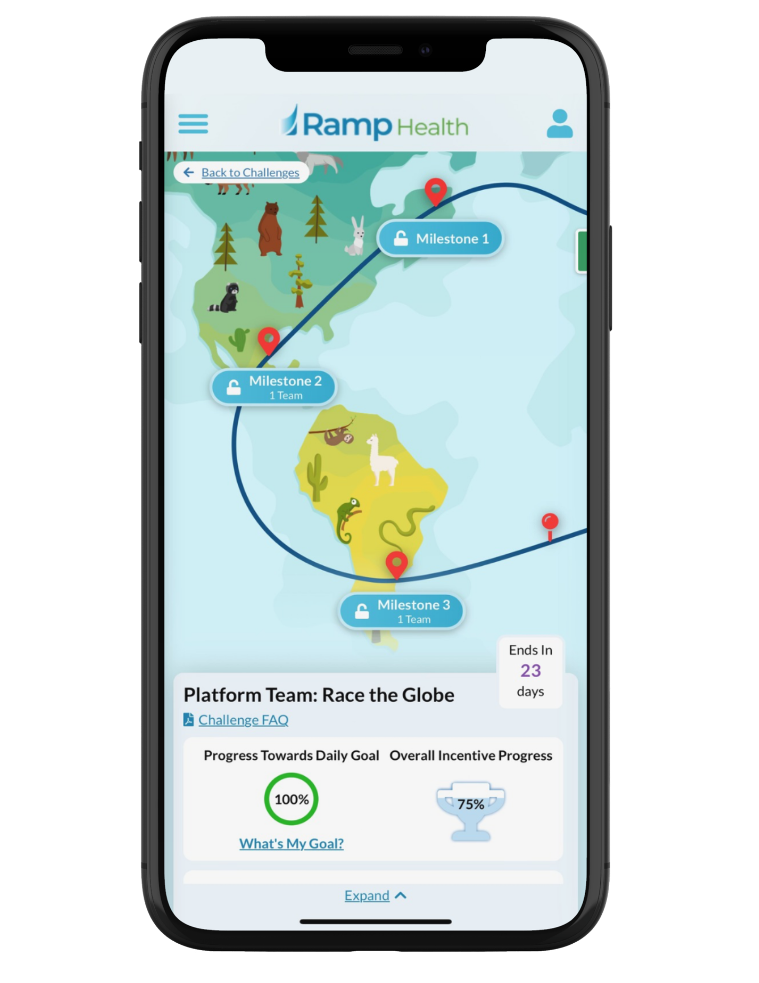 Ramp Health Challenges on mobile: a team step challenge map with unlocked milestones, daily goal, and incentive progress (demo data)