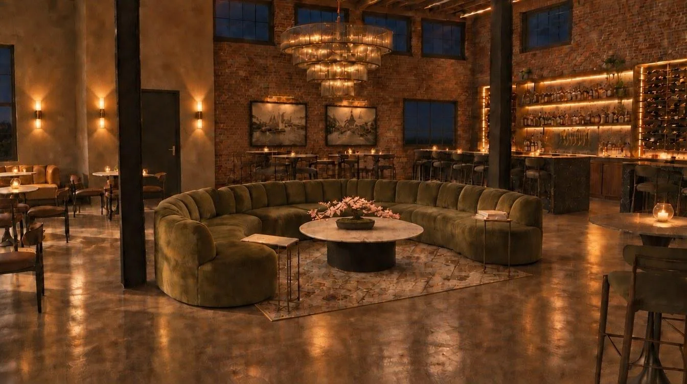 Rendering of Homage lounge in the evening with candlelight and warm wall sconces
