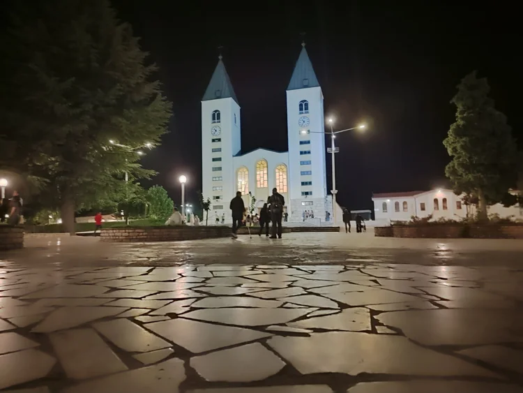 St. James Church lit up at night