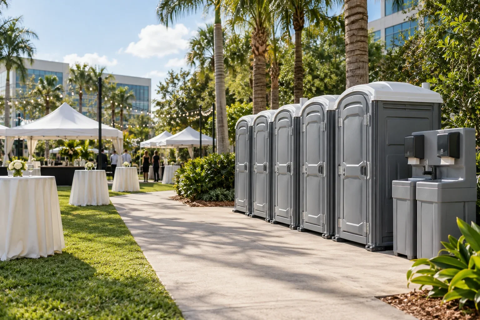 Clean portable restrooms and a handwashing station arranged near an outdoor event for Special Events & Outdoor Weddings near me in Doral, FL.