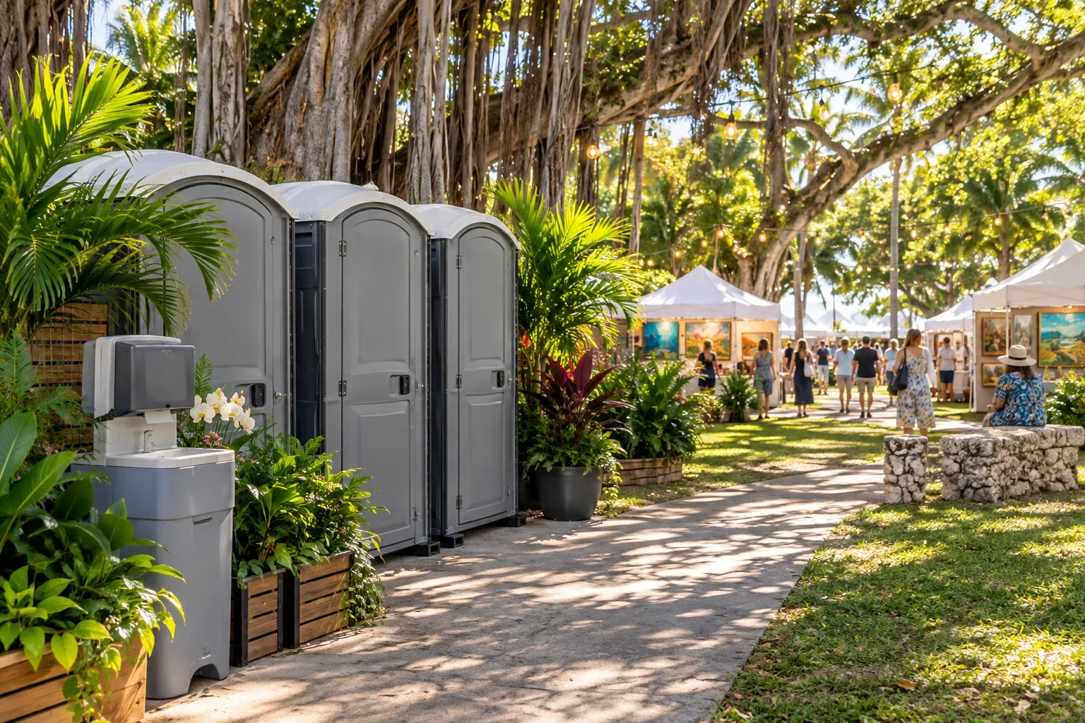 Clean portable restrooms and a handwashing station arranged near an outdoor event for Special Events & Outdoor Weddings near me in Coconut Grove, FL.