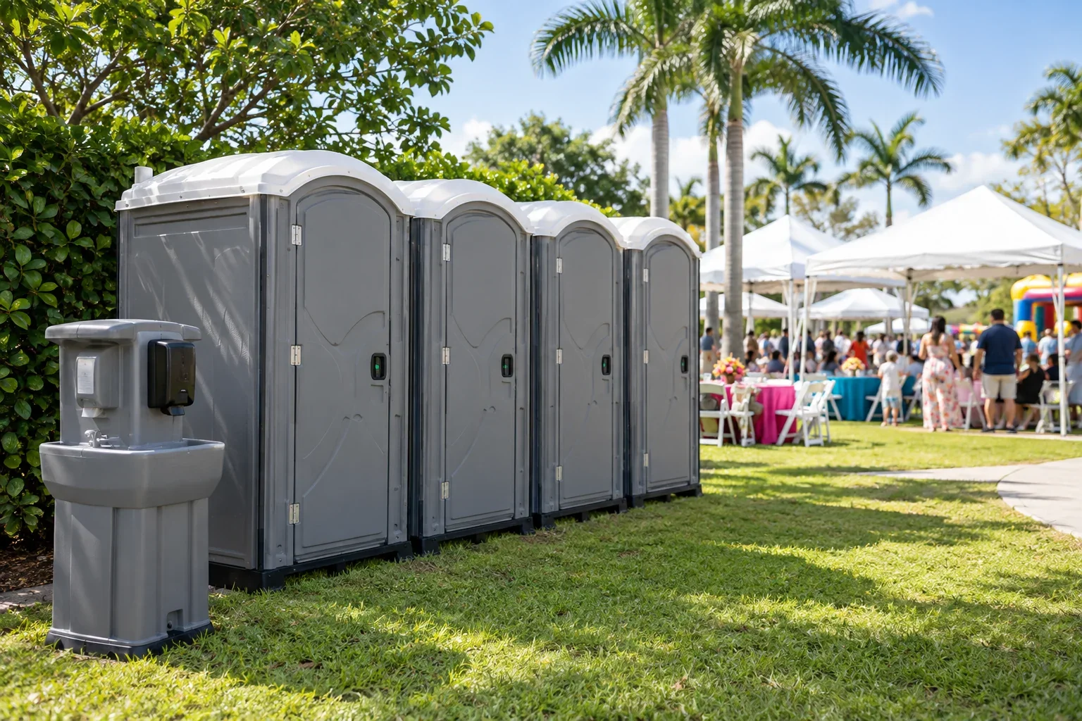 Clean portable restrooms and a handwashing station arranged near an outdoor event for Special Events & Outdoor Weddings near me in Kendall, FL.