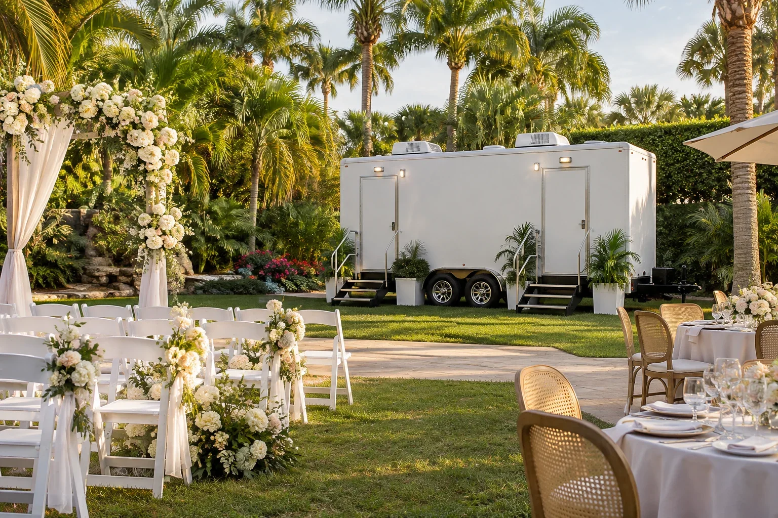 A clean luxury restroom trailer serving an elegant outdoor celebration for Special Events & Outdoor Weddings in Hialeah, FL.