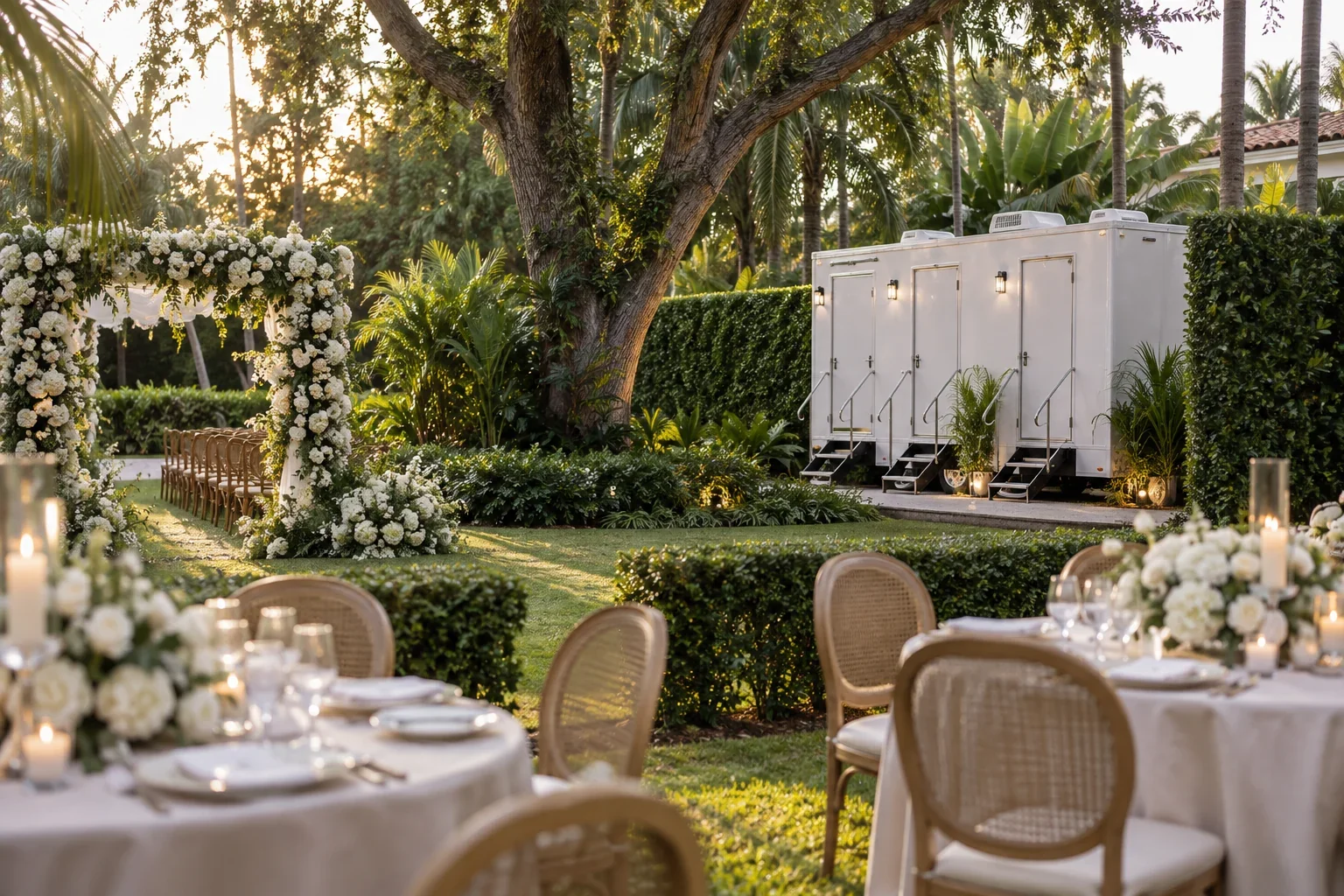 A clean luxury restroom trailer serving an elegant outdoor celebration for Special Events & Outdoor Weddings in Pinecrest, FL.