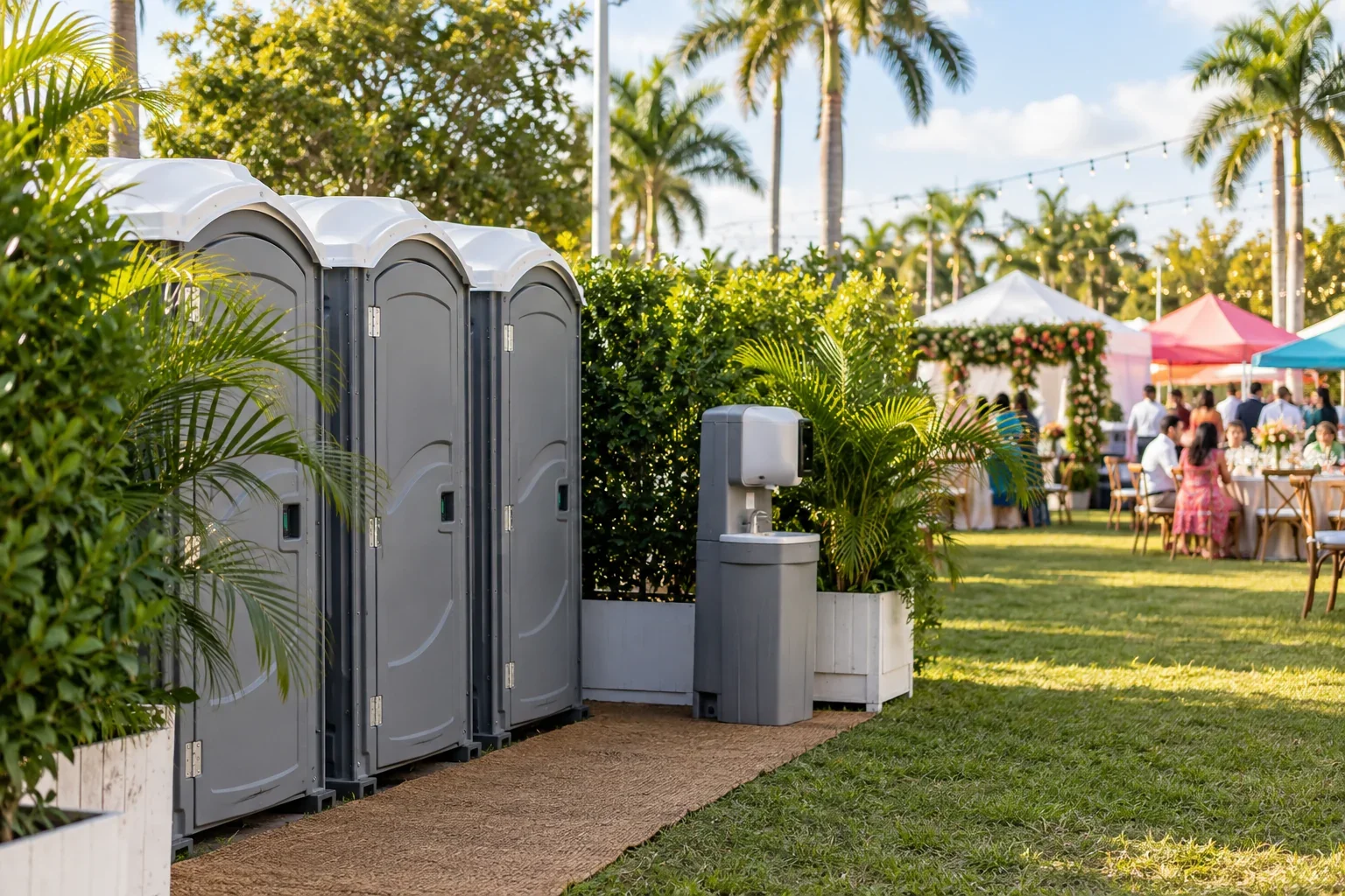 Clean portable restrooms and a handwashing station arranged near an outdoor event for Special Events & Outdoor Weddings near me in Hialeah, FL.