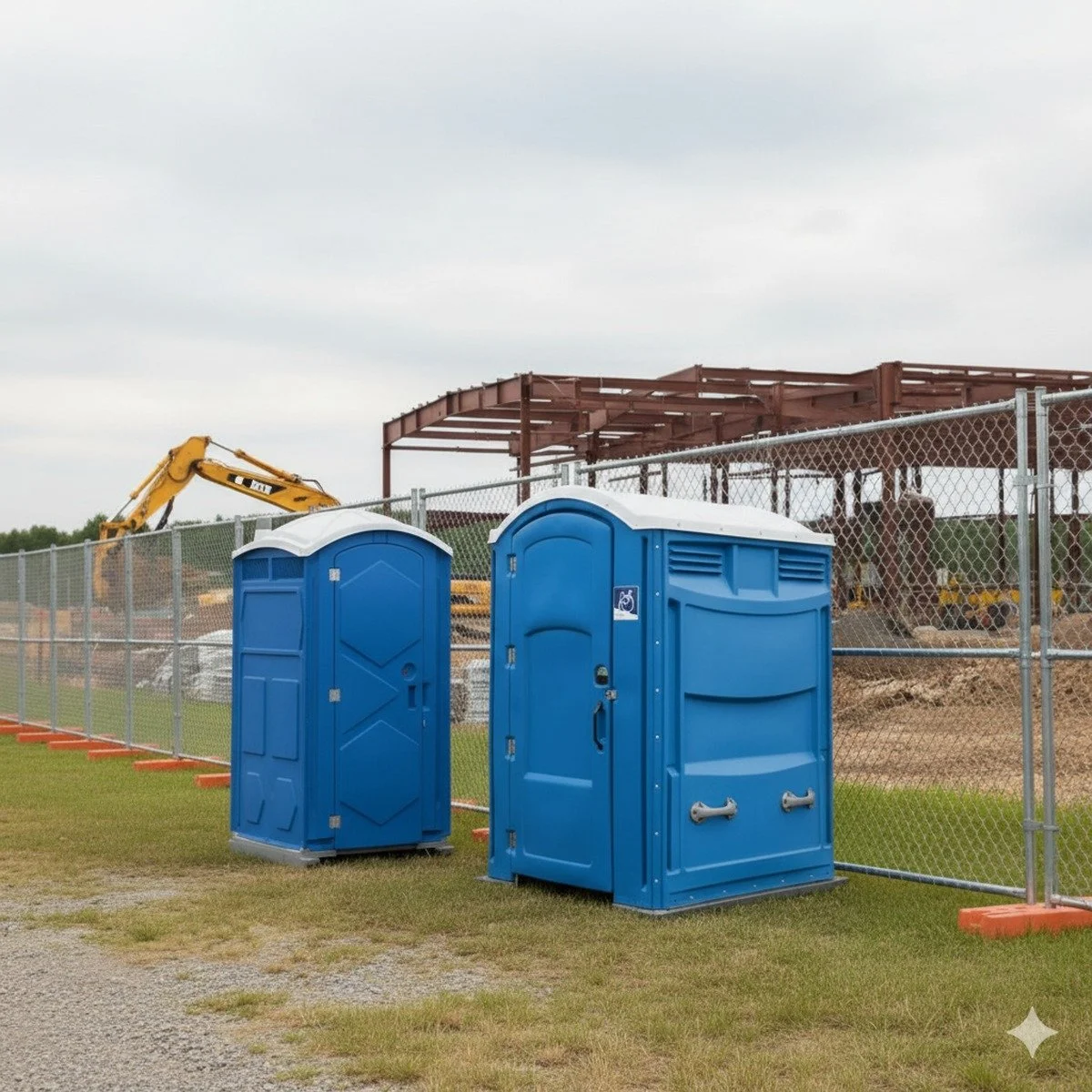 Temporary fencing installed beside an active building area with construction toilets and fencing service in Kendall, FL.
