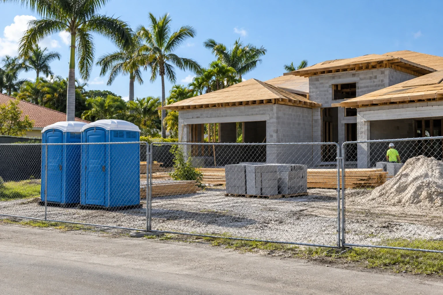 Two clean portable toilets and temporary fencing beside an active South Florida building site for Construction Toilets & Fencing in Davie, FL.