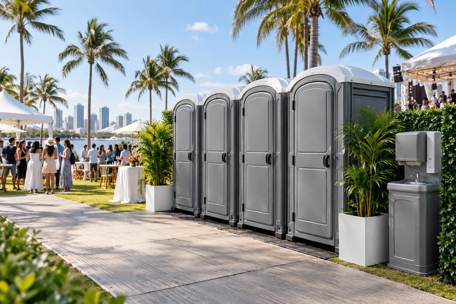 Clean portable restrooms and a handwashing station arranged near an outdoor event for Special Events & Outdoor Weddings near me in Miami Beach, FL.