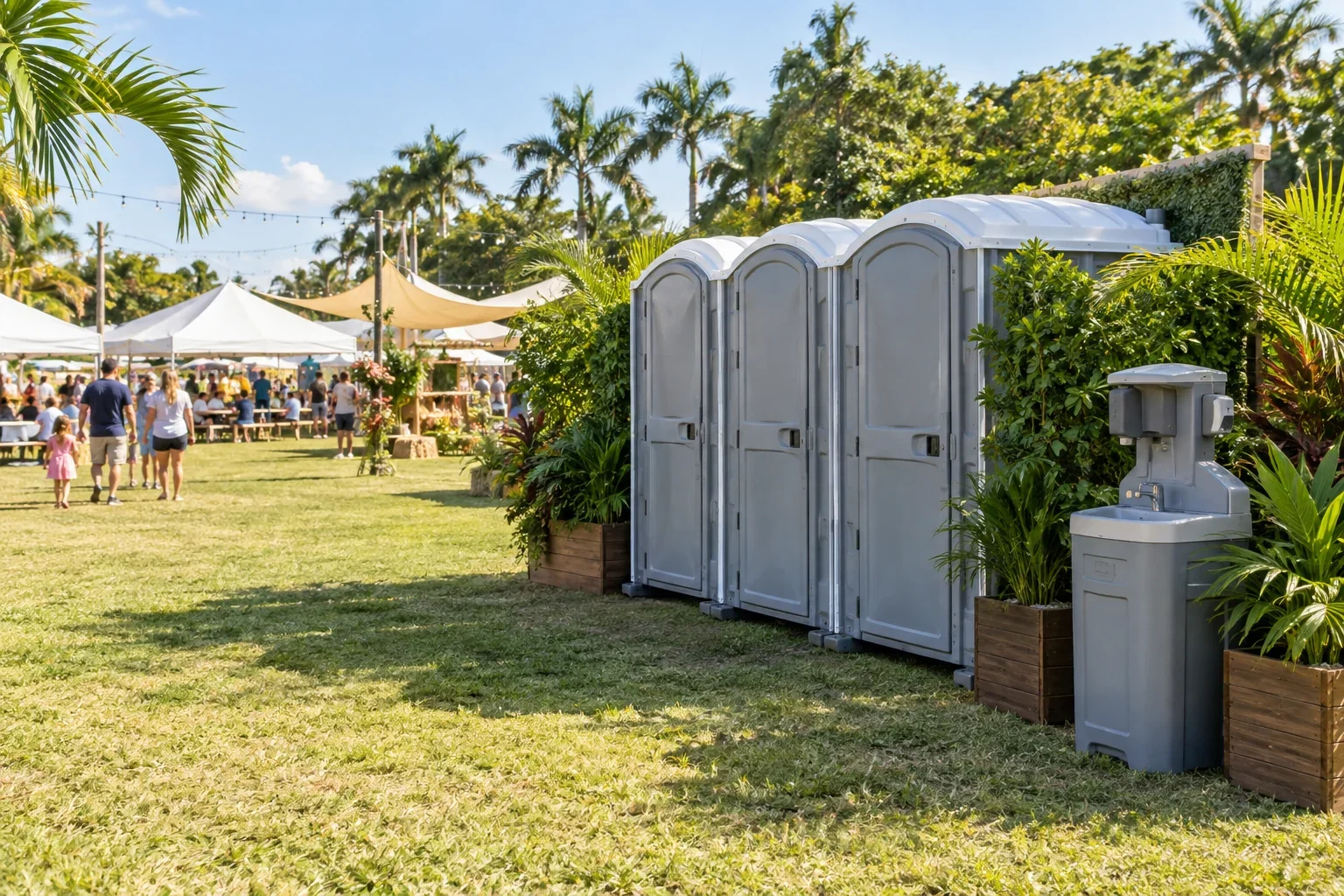 Clean portable restrooms and a handwashing station arranged near an outdoor event for Special Events & Outdoor Weddings near me in Homestead, FL.