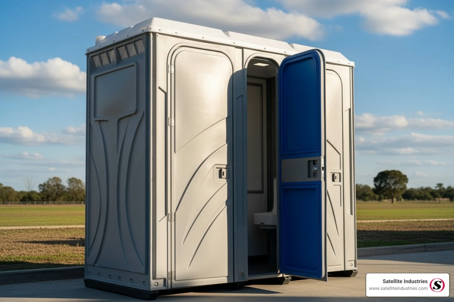 A restroom trailer positioned for temporary jobsite sanitation with construction toilets and fencing service in Pompano Beach, FL.