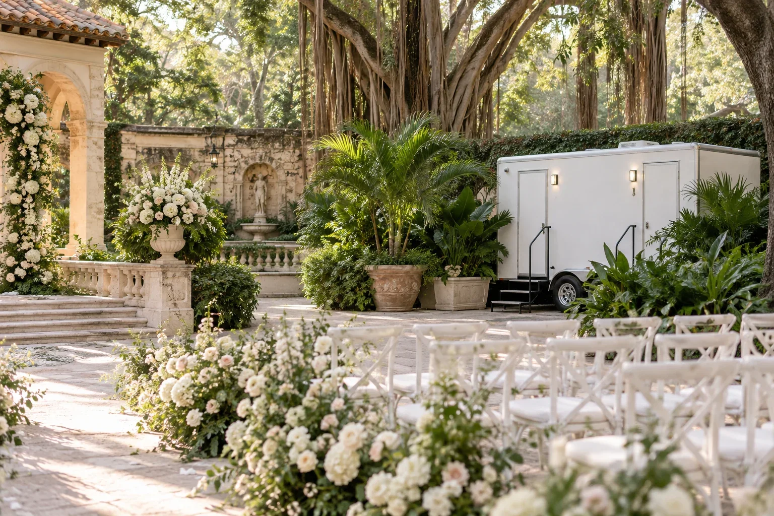A clean luxury restroom trailer serving an elegant outdoor celebration for Special Events & Outdoor Weddings in Coral Gables, FL.
