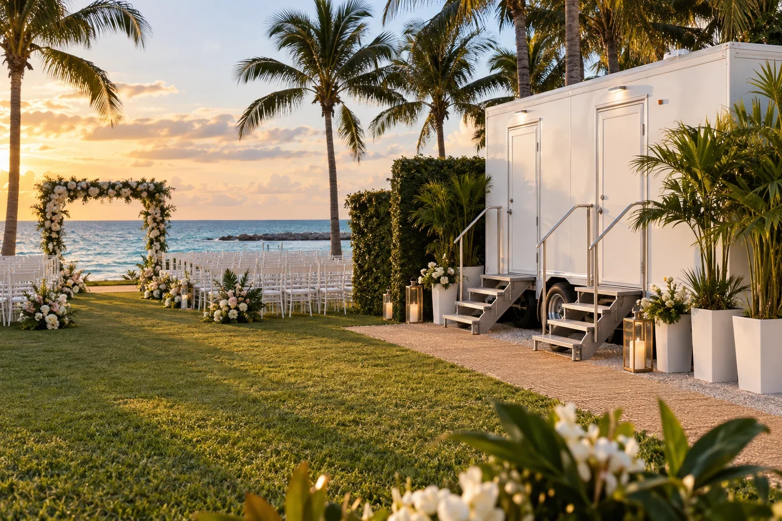 A clean luxury restroom trailer serving an elegant outdoor celebration for Special Events & Outdoor Weddings in Miami Beach, FL.