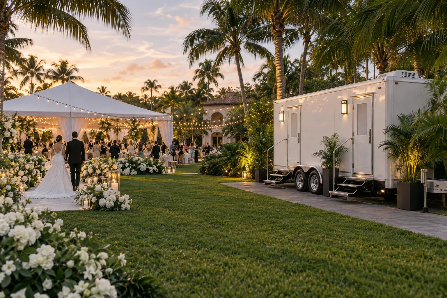 A clean luxury restroom trailer serving an elegant outdoor celebration for Special Events & Outdoor Weddings in Kendall, FL.